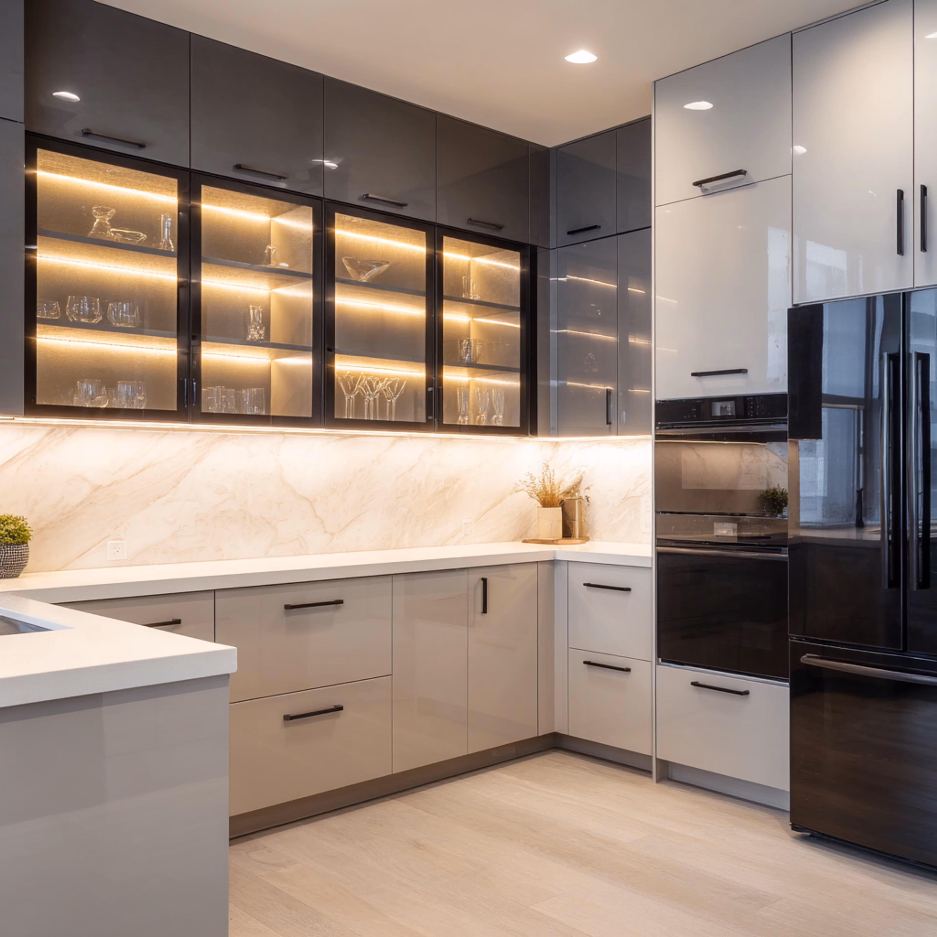 Modern White and Grey Straight Kitchen Design with High Gloss Laminate Finish